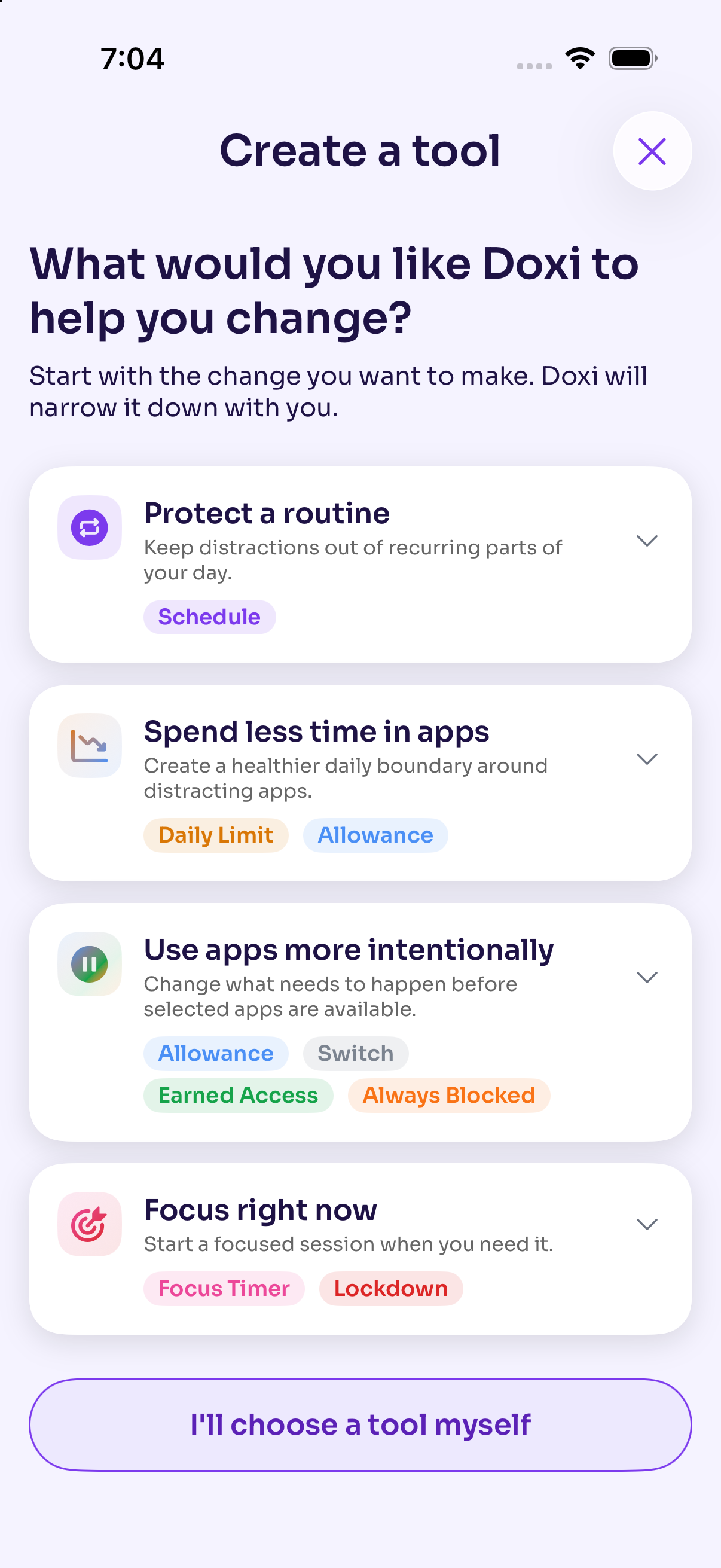 Doxi’s Create a Tool screen with choices to protect a routine, spend less time in apps, use apps intentionally, or focus now.